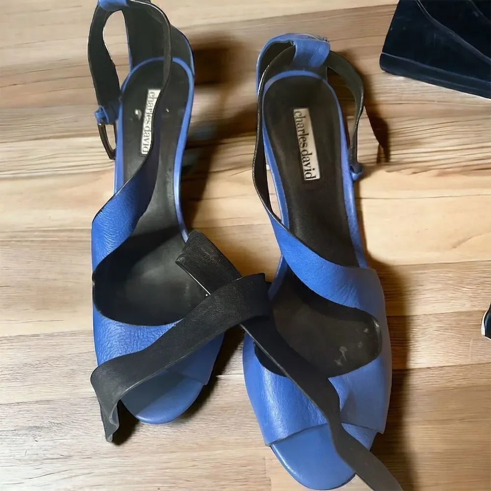Charles David Blue Leather Stiletto Sandals Peep Toe Ankle Strap Women's Size 8